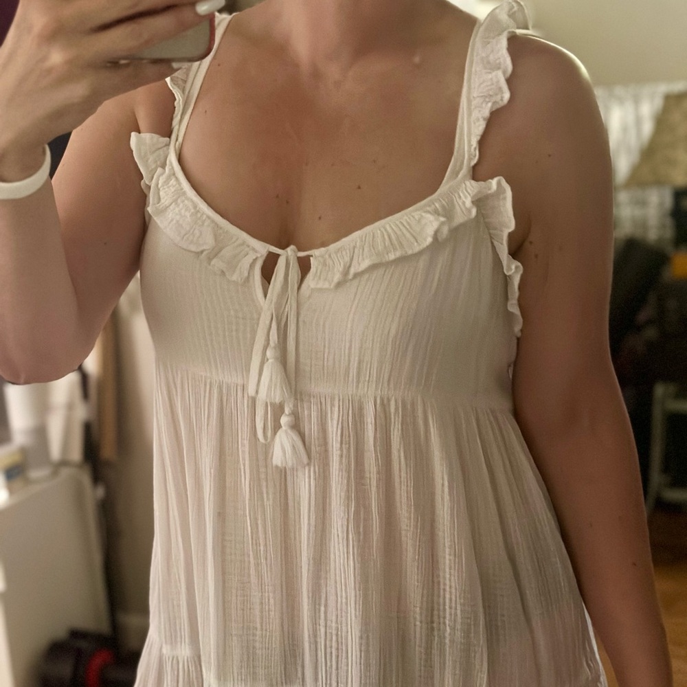 J. Crew White Tier Dress with Ruffles on Top and Tassel Tie 100% Cotton - size L